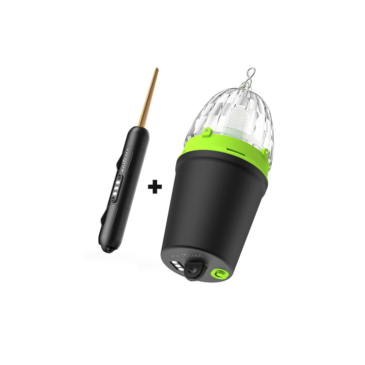 Two distinct Kanama electronic devices or tools. The first is a specialized lighting or illumination product, featuring a sleek black body with a clear, dome-shaped cover and green accent details.
The second Kanama device is a smart bait, a pen-like tool with a gold-colored tip.