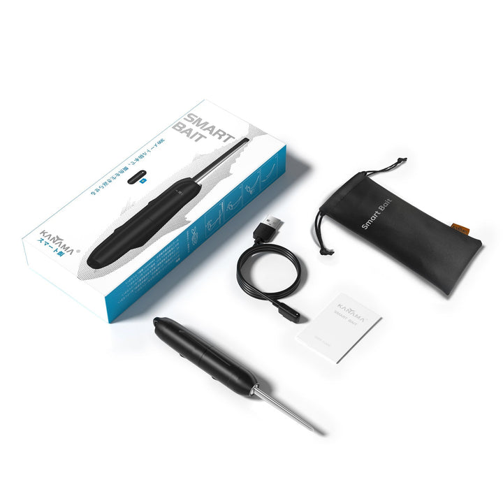 This image showcases the full packaging and contents of a Kanama Smart Bait electronic device or tool. The product is presented with its sleek black metallic body, a charging cable, a protective carrying case, and accompanying instructions. The packaging prominently displays the Kanama branding and highlights the device's key features and capabilities.