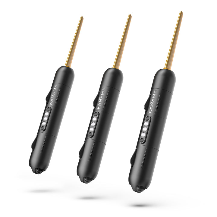 A trio of Kanama smart bait mini, featuring a sleek, black cylindrical body with a gold-colored, tapered tip.