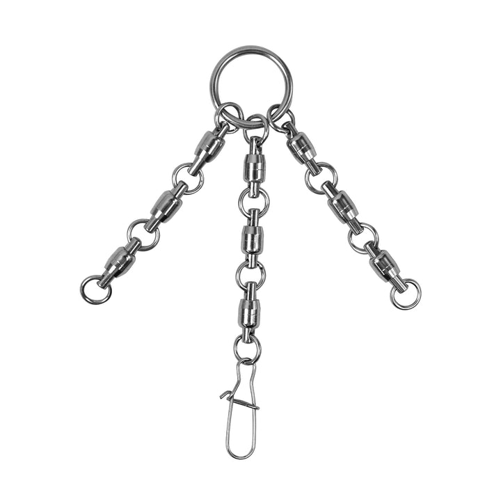 A metal fishing tackle component featuring a central ring with three chains extending from it. Each chain consists of several linked segments, and one chain ends with a clip for attachment. 