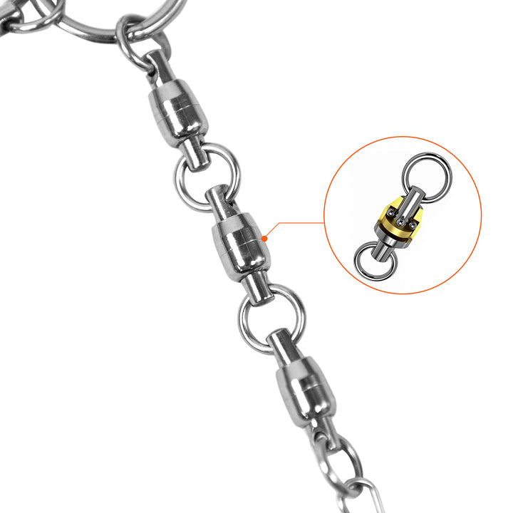 A close-up of a metal fishing tackle component, featuring connected links and a swivel. One of the links is highlighted in an inset, showing a detailed view of its design with a yellow and silver color scheme. 