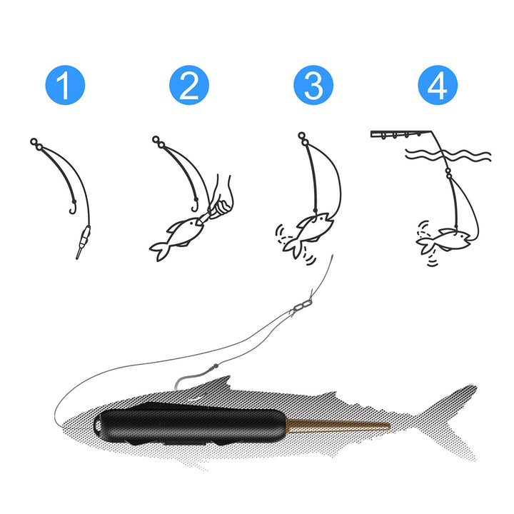 The image shows a four-step process for using a fishing lure: preparing the hook, a fish grabbing the bait, the fish being hooked, and reeling it in, with a graphic of the lure at the bottom.