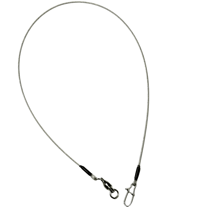 The image shows a single fishing leader made of thin, flexible wire. One end features a loop, while the other end has a swivel clip and a snap. 