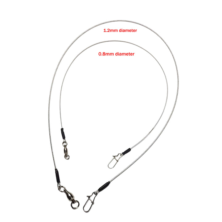 Two fishing leaders made of thin wire. The top leader has a diameter of 1.2mm, while the bottom leader has a diameter of 0.8mm. Each leader features a swivel clip and a snap at one end, with black rubber sleeves on the connection points. 