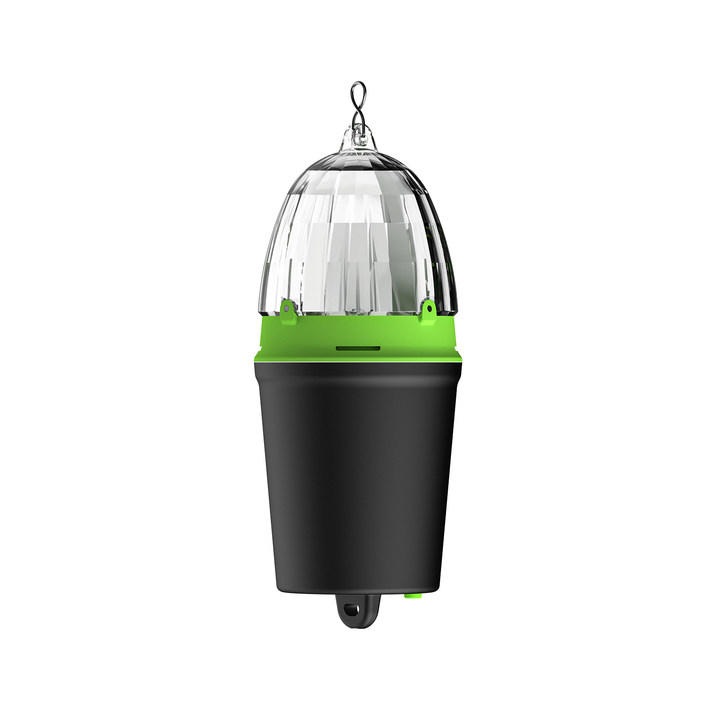 A lighting device from the Kanama brand. The key features are a clear, dome-shaped lens housing, a dark cylindrical body, and bright green accents on the handles and controls. 