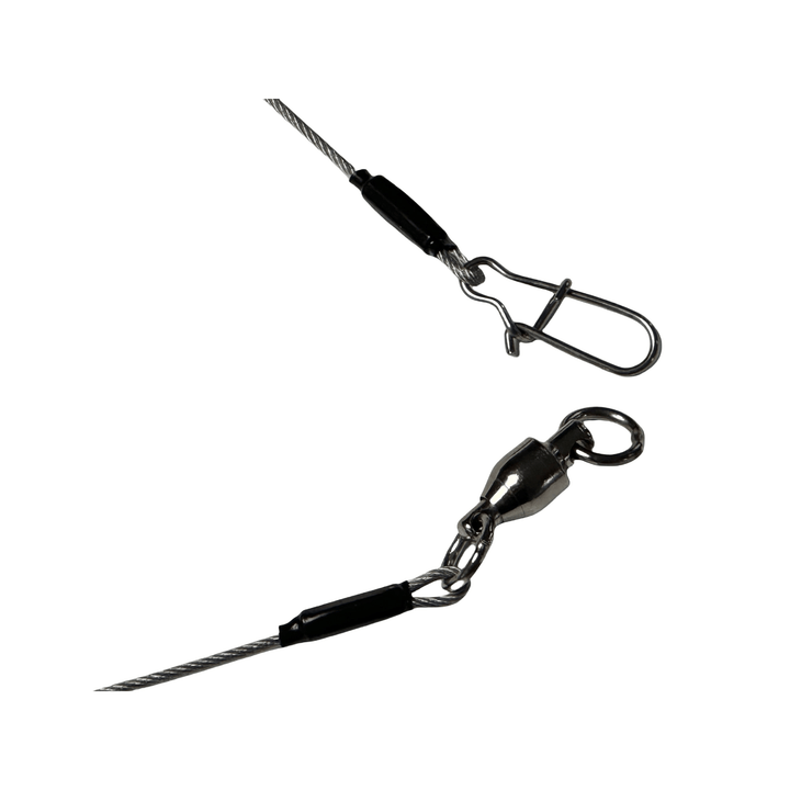 The image shows two ends of a fishing leader. One end features a swivel clip, while the other end has a snap connector. Both ends are made of metal, and the leader consists of a thin wire with black rubber sleeves at the connection points. 