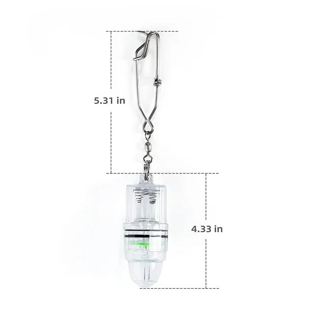 A fishing light attachment hanging from a clip, with measurements indicated: the total height is 5.31 inches, and the light itself is 4.33 inches tall. The light features a green indicator band.