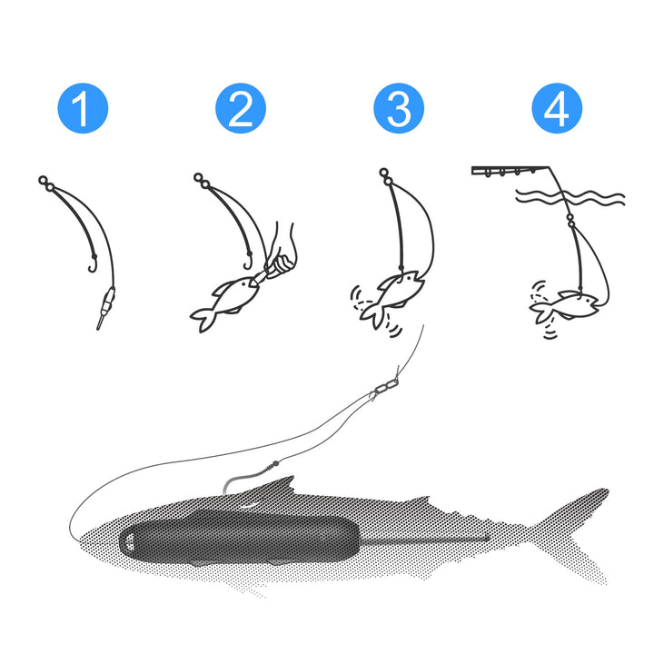 The image shows a four-step process for using a fishing lure: preparing the hook, a fish grabbing the bait, the fish being hooked, and reeling it in, with a graphic of the lure at the bottom.