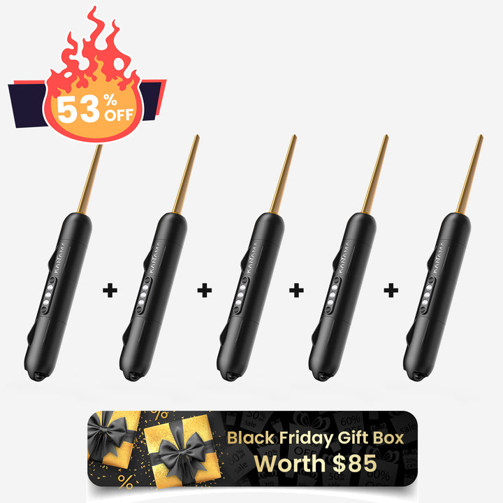 This Black Friday bundle features a set of 5 Kanama lures or instruments, along with a Black Friday gift box worth $85, available at a 53% discount. The Kanama devices have a sleek black body design with gold-colored tips.