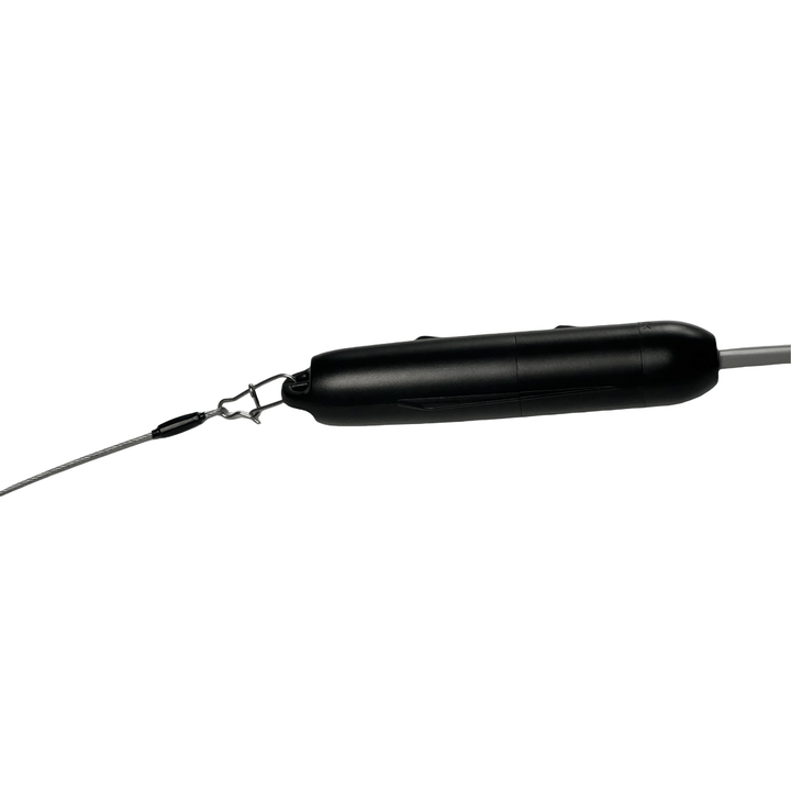 Kanama Smart Bait is connected to a fishing leader. The leader is made of thin wire and has a swivel clip attached. 