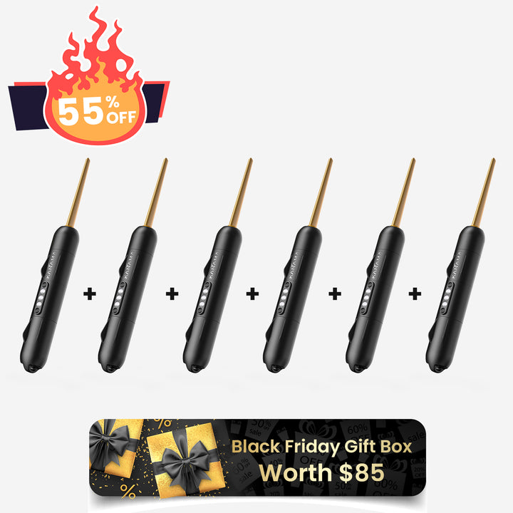 This Black Friday bundle features a set of 6 Kanama smart bait mini, along with a Black Friday gift box worth $85, available at a 55% discount. The Kanama devices have a consistent sleek black body design with gold-colored tips.