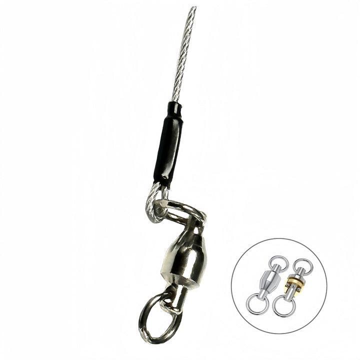 A fishing leader features a thin wire with a swivel clip at one end, connecting to a metal piece with a circular loop. To the right, a small inset displays two types of swivels: one silver and one gold.