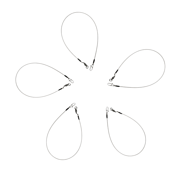 Five fishing leaders are arranged in a circular pattern. Each leader consists of a thin wire with a loop at one end and a swivel clip at the other end.