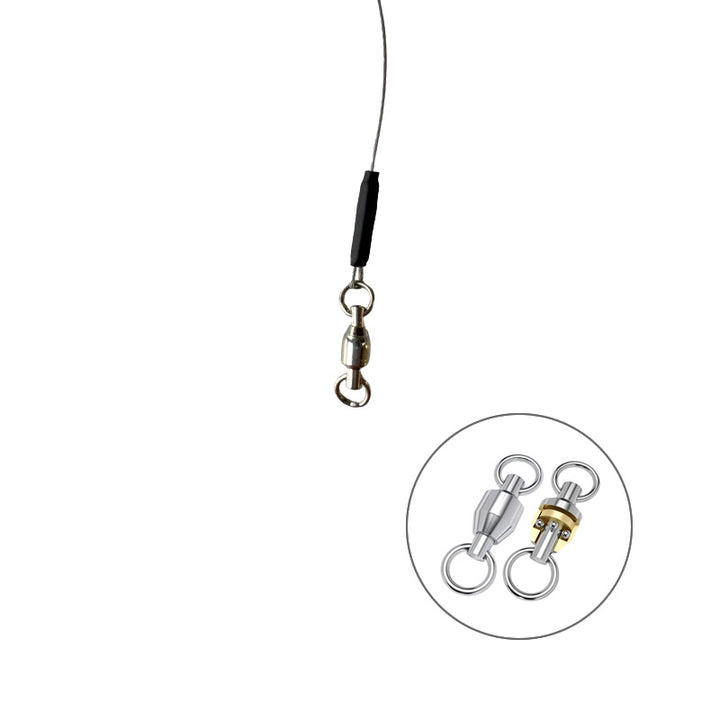 The image shows a fishing leader with a thin wire and a swivel clip, connecting to a metal swivel with a loop. Below, an inset displays a silver and a gold swivel. The background is white.