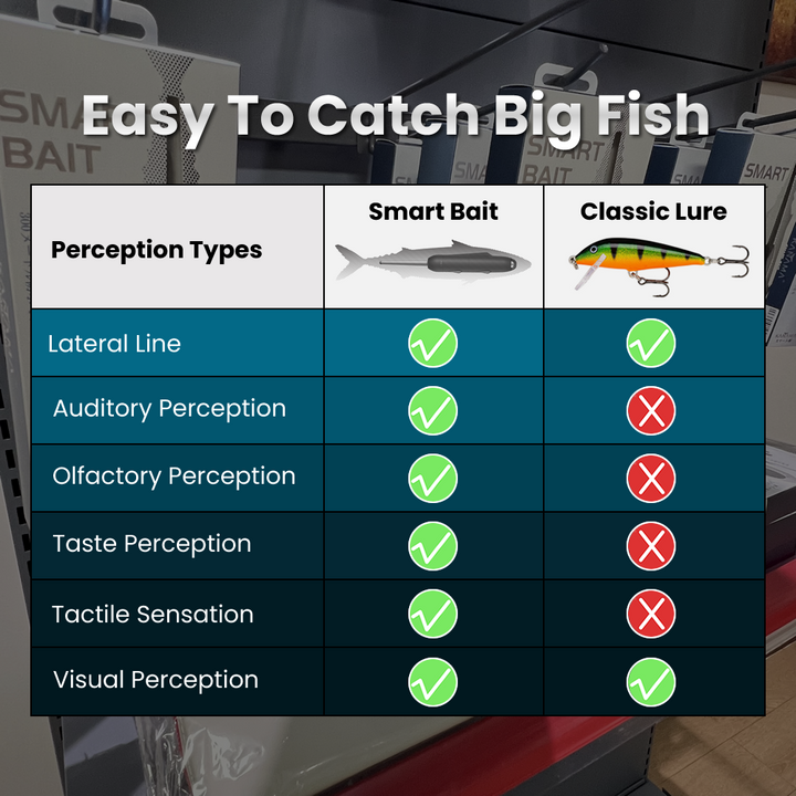 The image displays a comparison chart titled "Easy To Catch Big Fish." It lists different perception types on the left, comparing "Smart Bait" and "Classic Lure." For each perception type, there are checkmarks (✓) and crosses (✗) indicating which bait is effective. The perception types include Lateral Line, Auditory Perception, Olfactory Perception, Taste Perception, Tactile Sensation, and Visual Perception. 