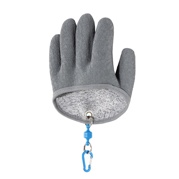 A gray glove designed for fishing or handling fish, featuring a textured surface for grip. The glove has a loop at the wrist with a blue carabiner attached for easy hanging or storage.