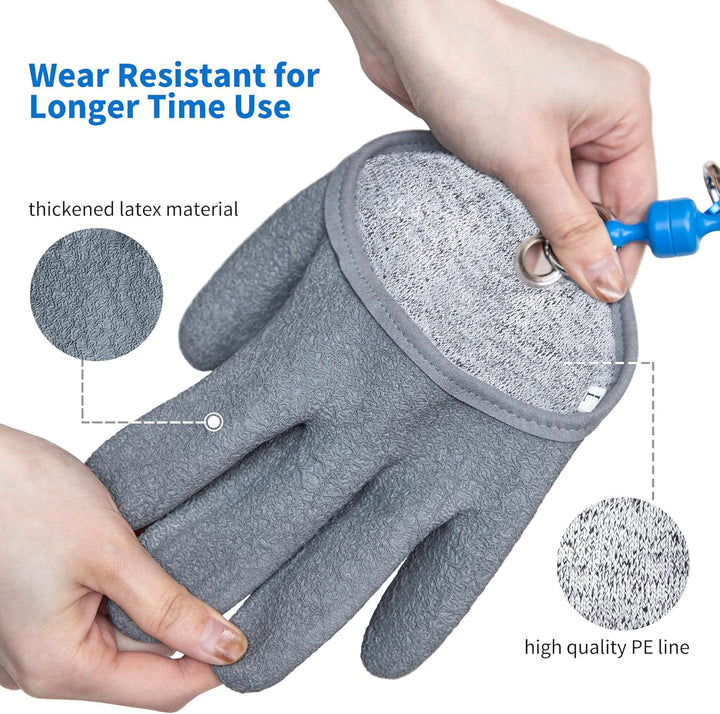 A gray glove designed for durability, with text stating "Wear Resistant for Longer Time Use." A hand is holding the glove, showcasing its thickened latex material and a blue carabiner. Two close-up circles highlight the glove's textured surface and the high-quality PE line used in its construction.