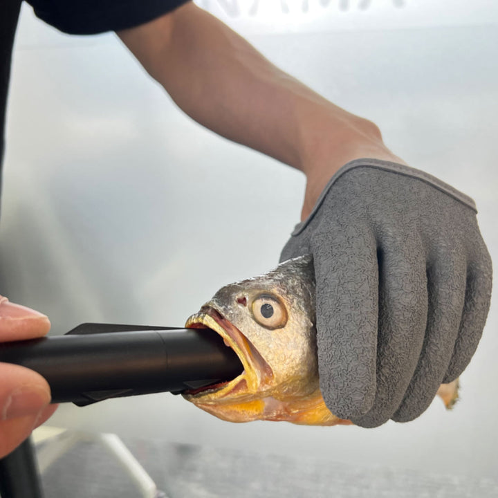 A person wearing a gray glove, holding a fish by its mouth. The fish is positioned near a KANAMA Smart Bait that is inserted into its mouth