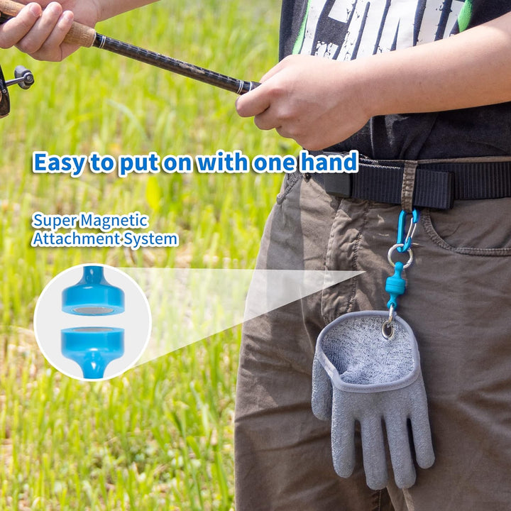 A person holding a fishing rod while wearing a gray glove attached to their belt with a blue carabiner. The text highlights that the glove is "Easy to put on with one hand" and mentions a "Super Magnetic Attachment System." 