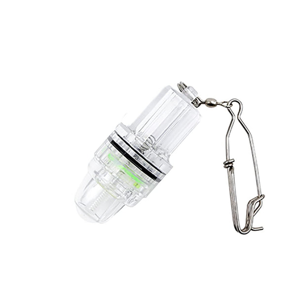 A clear, cylindrical fishing light attachment with a green indicator band, featuring a clip for easy attachment to waterproof fishing gear. 