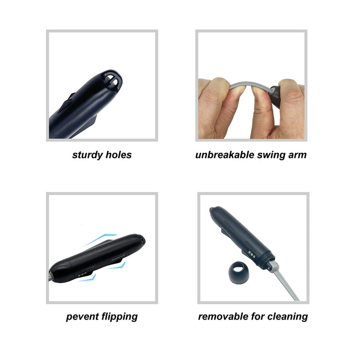 The image shows the product four features sturdy holes for durability, an unbreakable swing arm for flexibility, an anti-flipping design, and a removable part for easy cleaning.