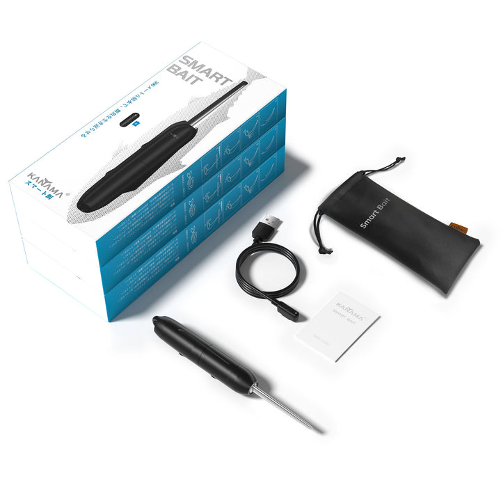 The image shows the contents of a "Smart Bait" package from the brand "KANAMA." The items include a black fishing bait device with a pointed end, a USB charging cable, a black pouch labeled "smart bait," and a user manual or card. 